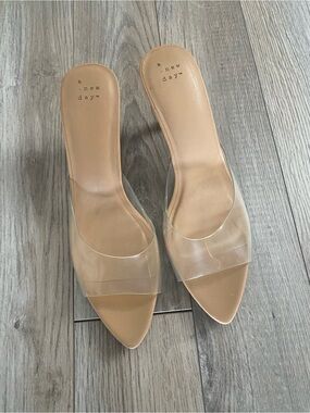 Nude Clear Strap Pointed Mule Heels